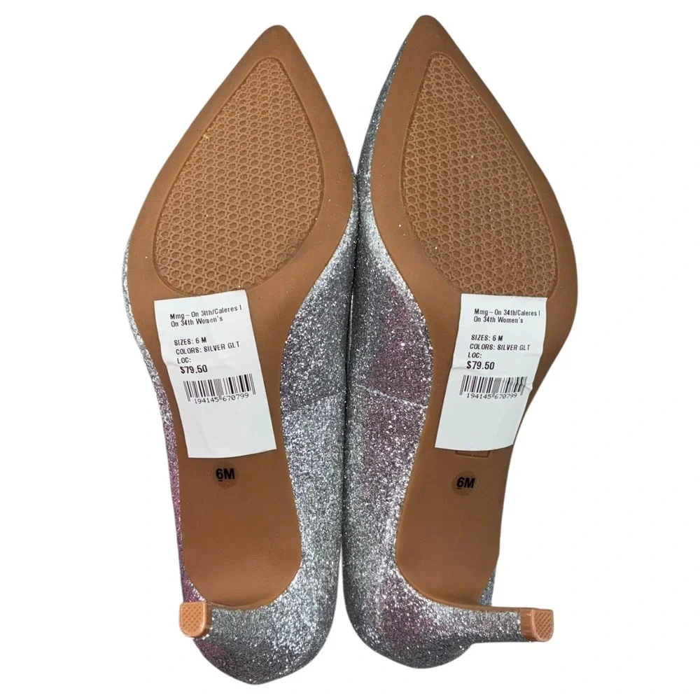 ON 34th Jeules Silver Glitter Pointed Toe Pumps‎ Kitten Heels Wedding Party 6M